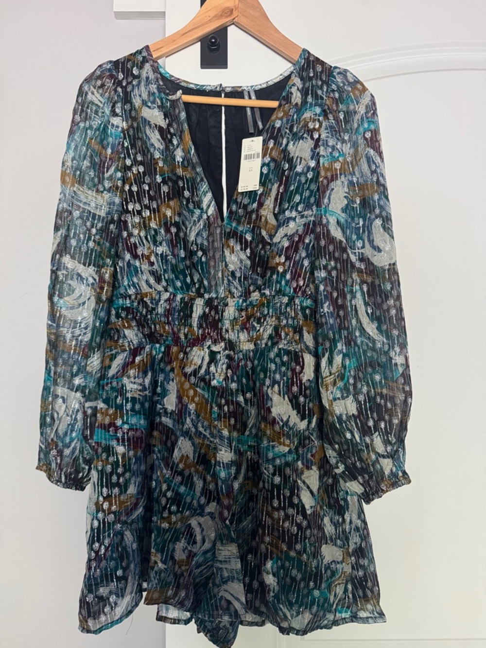 Anthropologie Teal, Black, Cream Multi-Print Pleated Long-Sleeve Romper